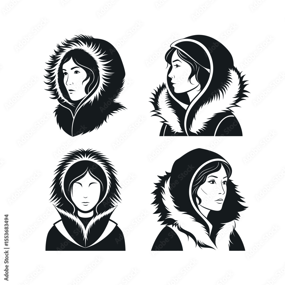 A silhouette vector set of Greenlandic Inuit woman A silhouette vector set of Greenlandic Inuit woman