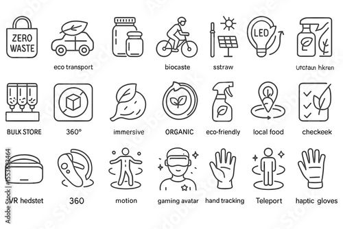 Eco-innovations: sustainable living icons featuring organic, local, and digital concepts