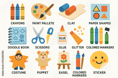 Colorful art supplies: crayons, paint, clay, doodle book, markers, easel, costume, sticker