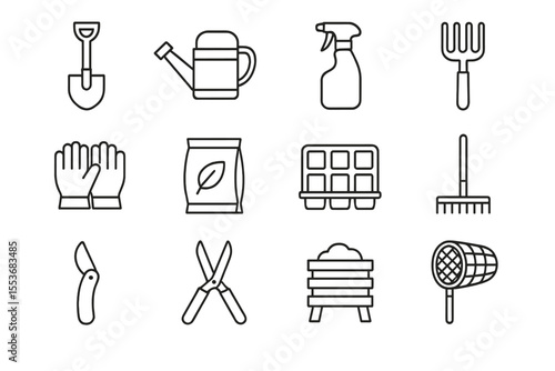 Gardening tools icons: shovel, watering can, spray bottle, rake, gloves, pruner, shears, beehive