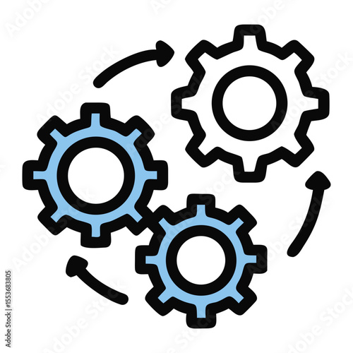Illustration of three gears with arrows rotating around them indicating a process flow on transparent background