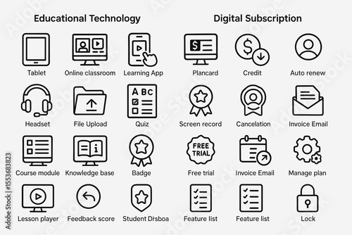 Educational technology and digital subscription icon set