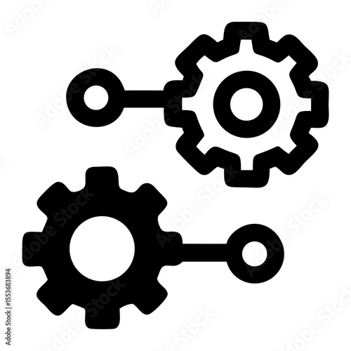 Two gears connected by links in a black and white illustration depicting a mechanism or process flow on transparent background