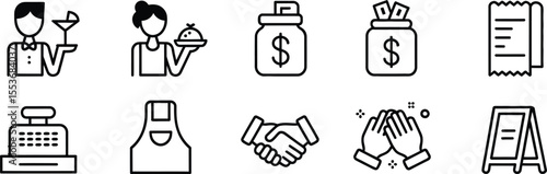 Vector Icon Set for Hospitality, Business, and Transaction, Includes Waiter, Cash, and Service Icons