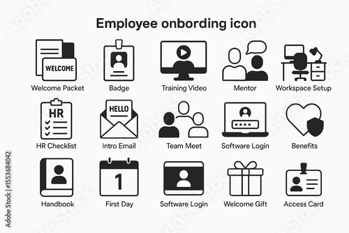 Employee onboarding icons: welcome packet, training, workspace setup, hr tools, benefits