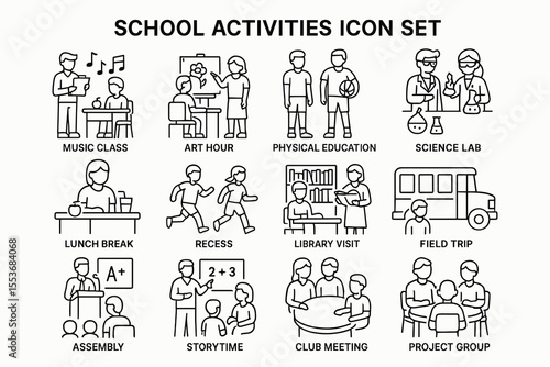School activities icon set: music, art, science, pe, and more