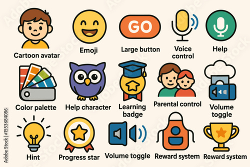 Colorful cartoon icons featuring avatars, emojis, and interactive elements