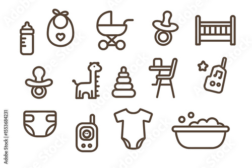 Baby essentials icons: bottle, pacifier, stroller, crib, toy, diaper, monitor, onesie, bathtub