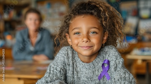 Smiling Child with Purple Ribbon Sticker in Classroom with Supportive Teacher – Epilepsy Awareness

