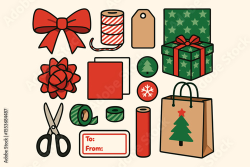 Christmas gift wrap essentials: bows, paper, tags, and scissors for festive packaging