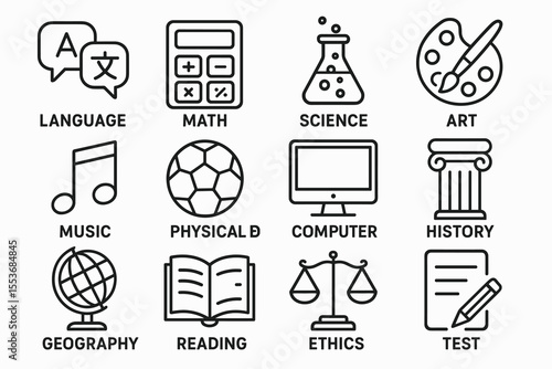 Education icons overview: language, math, science, art, and more