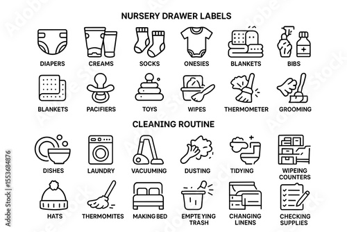 Nursery drawer labels and cleaning routine icons for organized home