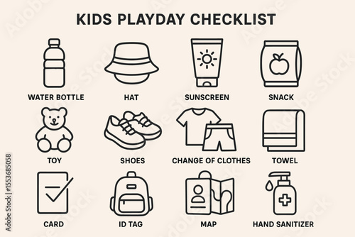Kids playday essentials checklist with water bottle, hat, sunscreen, snack, and more