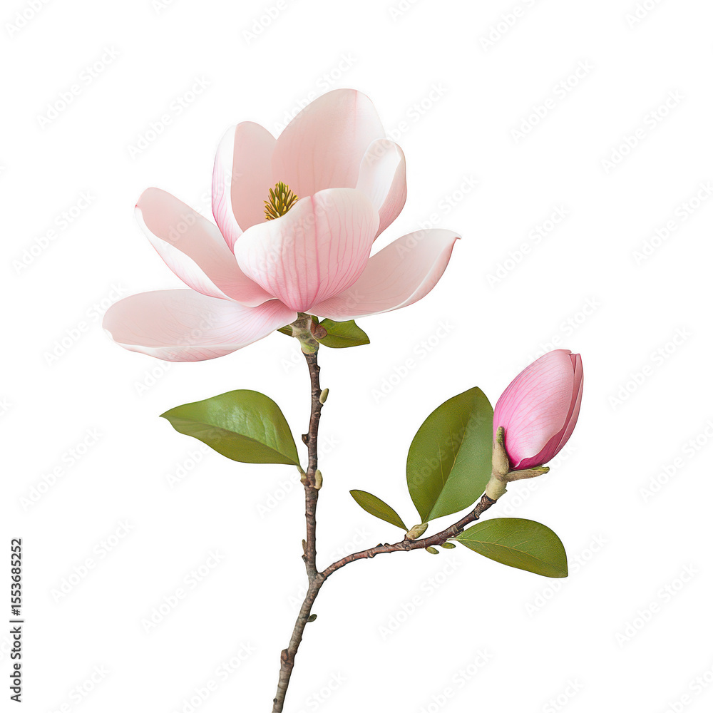 Obraz premium Delicate pink magnolia flower and bud with green leaves isolated on transparent background