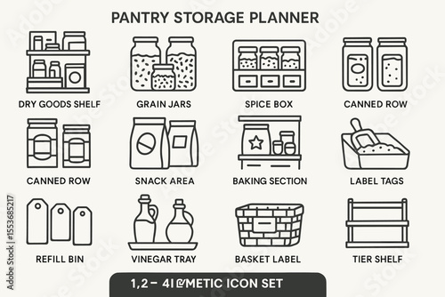 Pantry storage planner with icons for shelves, jars, cans, and labels