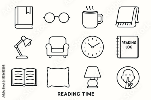 Minimalist icons: book, glasses, coffee, blanket, lamp, chair, clock, reading log, pillow, silence