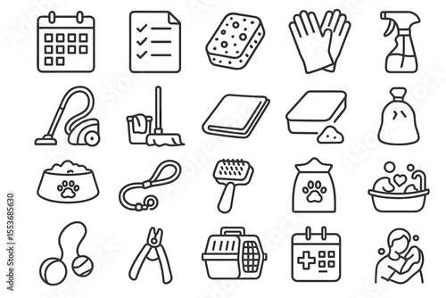 Outline icons of cleaning and pet care supplies including vacuum and calendar