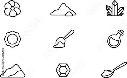 Vector Icon Set for Minerals, Crystals, and Earth Elements, Includes Flower, Crystal, and Gemstones 