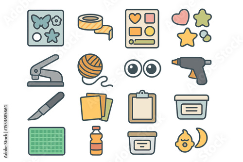 Collection of crafting items: shapes, tools, and supplies for creative projects