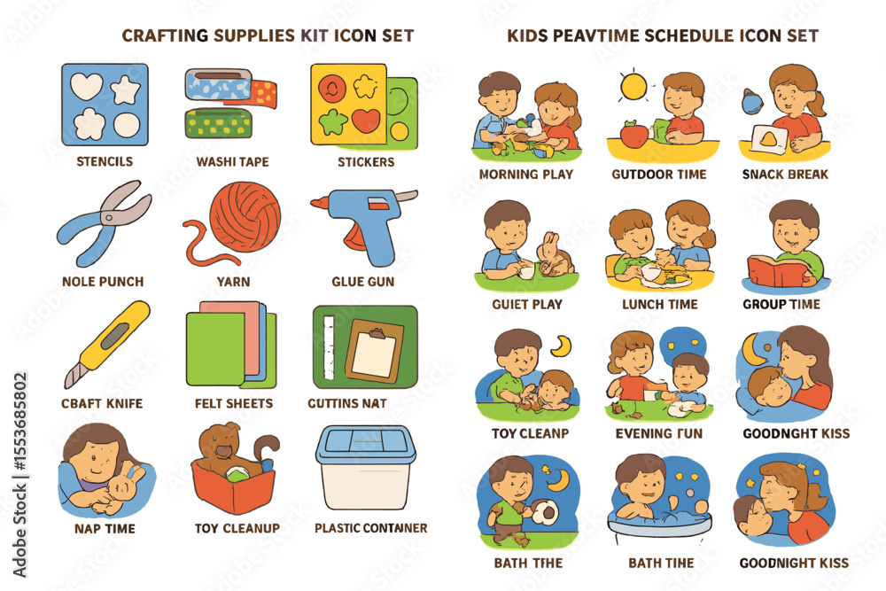 Fototapeta Crafting supplies and kids' peatime schedule icon sets with activities