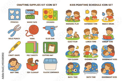 Crafting supplies and kids' peatime schedule icon sets with activities