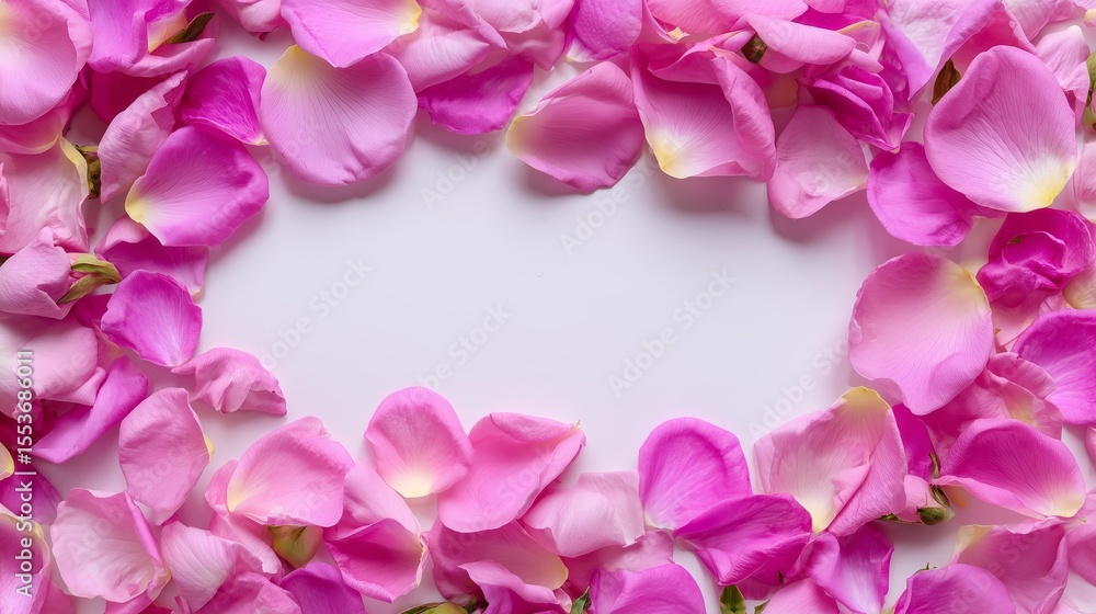 Fototapeta premium Pink rose petals create a beautiful frame on a white background for artistic decoration or design elements