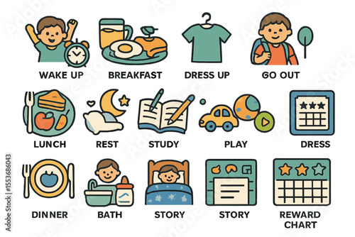 Daily routine icons: wake up to reward chart with children illustrations