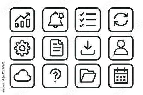 Set of 12 black interface icons on textured dark background