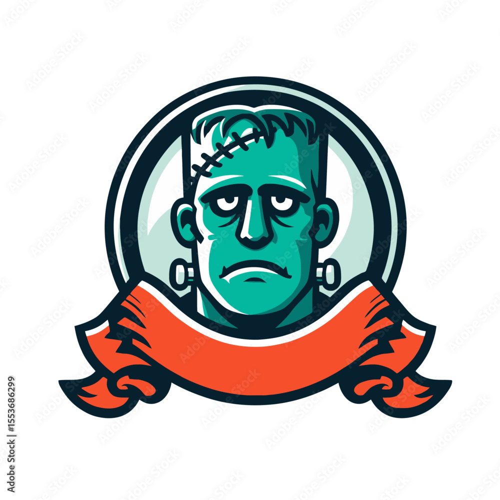 Frankenstein Monster Portrait with Decorative Orange Banner Frankenstein Monster Portrait with Decorative Orange Banner