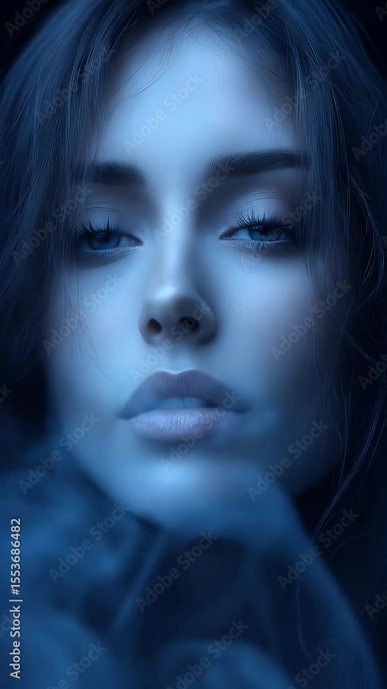 Close-up of woman's face in cool, blue tones Close-up of woman's face in cool, blue tones