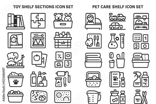 Toy and pet care shelf icon set featuring diverse objects and animals