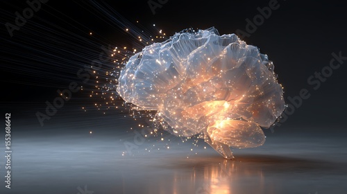 A translucent floating brain emitting rays of energy and particles from its core, symbolic of unlimited intelligence, conceptual futuristic art, ultra-realistic 