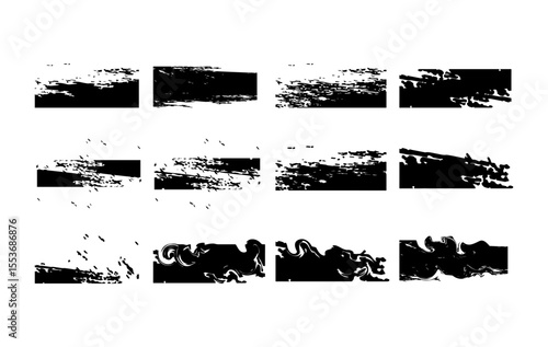 A bold and versatile collection of abstract black brush strokes, ink smudges, and grunge banners , featuring a mix of rough textures, flowing lines, and distressed designs.