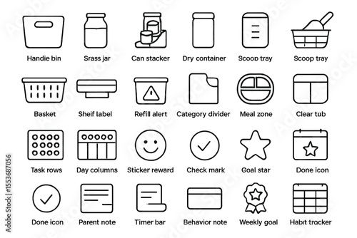 Household organization icons for containers and tasks