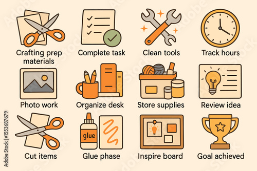 Task management and creativity icons featuring tools, supplies, and achievements