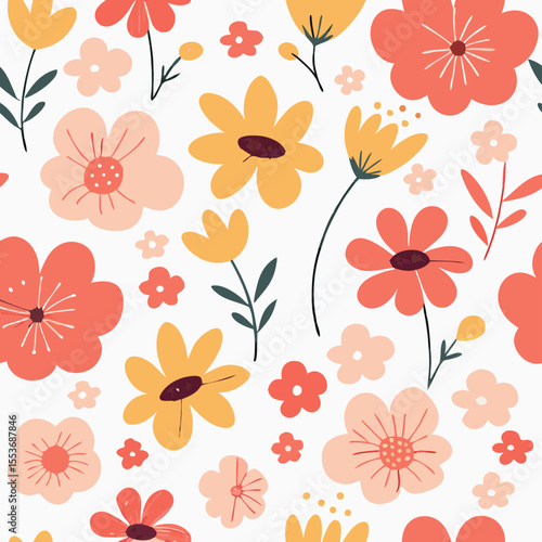 Wallpaper Mural Pretty Floral Pattern Seamless Design, Orange Yellow Pink Flowers Torontodigital.ca