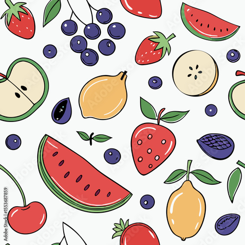 Colorful Fruit Pattern: Seamless Design with Strawberries, Watermelon, and More