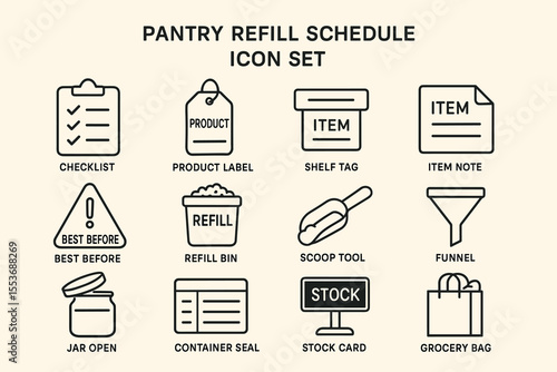 Pantry refill schedule icon set for efficient kitchen organization