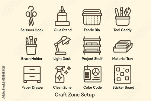 Craft zone essentials: scissors hook, fabric bin, tool caddy, light desk setup