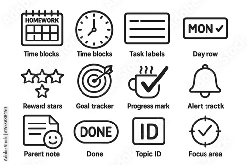 Homework organization icons: time blocks, task labels, goal tracker, focus area, alert