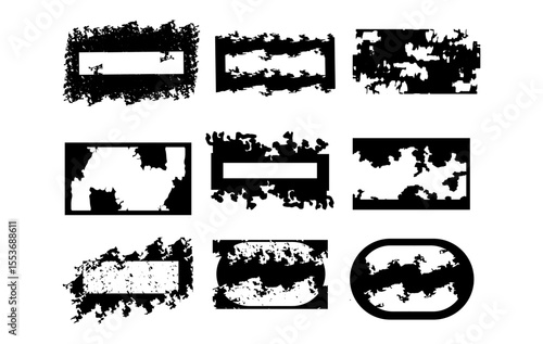 A set of grunge frames with rough, burned, and eroded edges. Perfect for posters, album covers, labels, and digital art. These high-contrast shapes add a raw, distressed look to any creative project.
