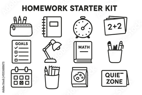 Homework starter kit with stationery, math book, and quiet zone sign