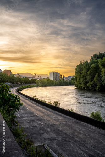 River view with Grenoble sunset