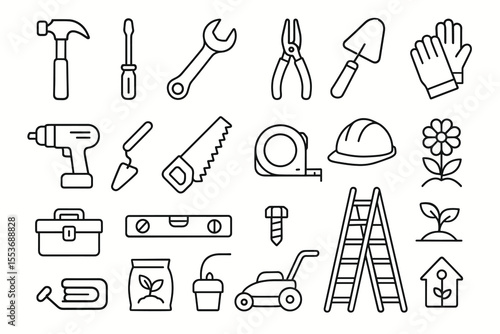 Set of 20 gardening and construction tool icons in black and white