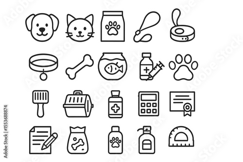 Pet care icons: dog, cat, accessories, food, medical, grooming supplies