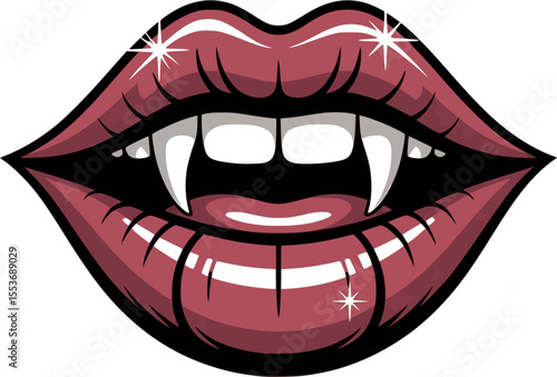 Sexy Vampire Lips Vector – Playful Flirty Horror Design with Dark Red Lipstick Smear, Sparkles and Transparent Elements – Gothic Halloween Kiss Illustration for T-Shirt or Print