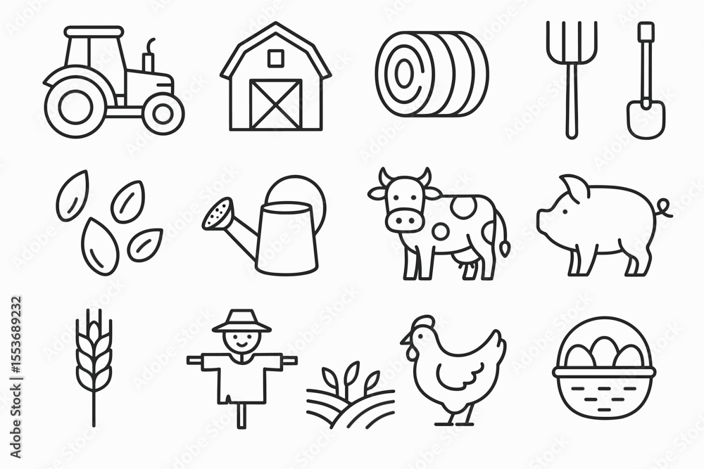 Fototapeta premium Outline farm icons: tractor, barn, hay, animals, tools, plants