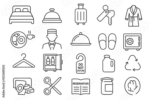 Hotel essentials icons: room amenities, services, and supplies