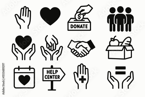 Charity icons: donate, volunteer, help center, community support, generosity