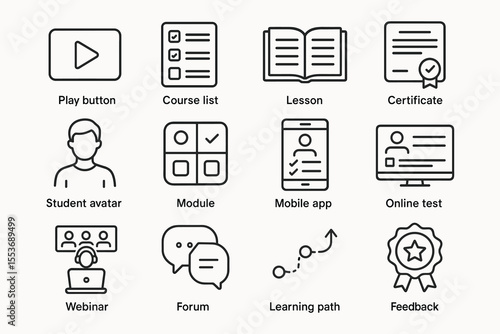 Educational icons set covering online learning and certification elements